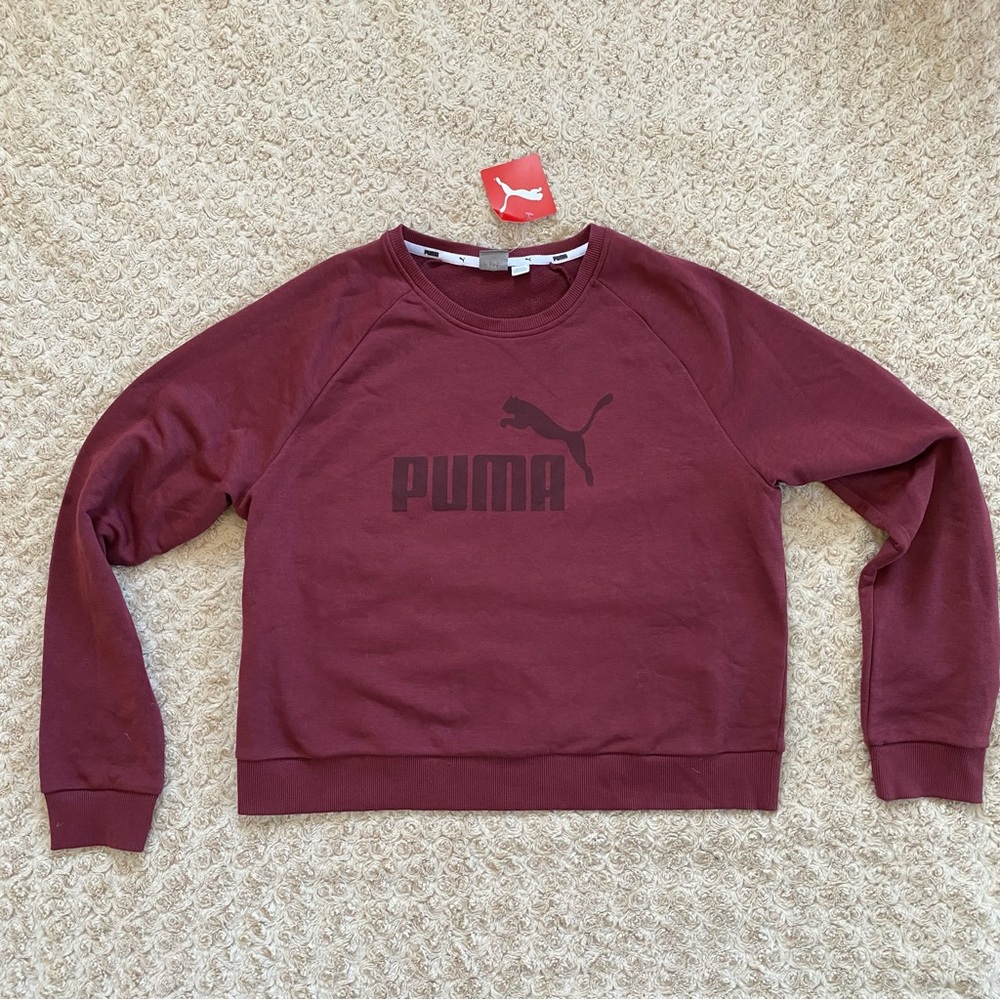 PUMA Sweatshirt Crewneck Long Sleeve Lightweight Burgundy Thin French Terry